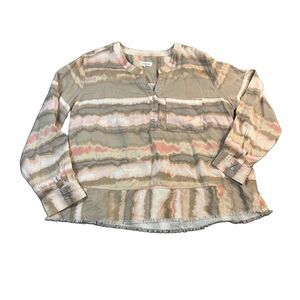 Westbound Watercolor Beige Pink Striped Tie Dye Half Button Top Womens Size L